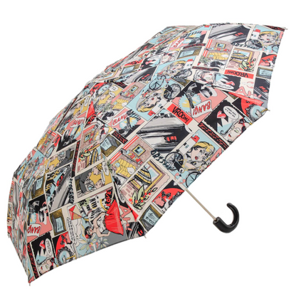Comic Print Umbrella – Leather Handle Folding Rain Umbrella with Manual Open