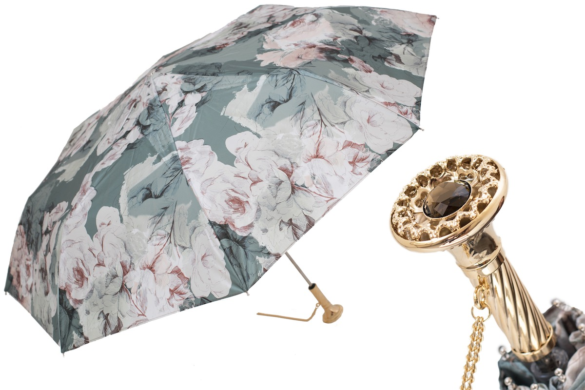 Luxury Collapsible Umbrella – Handmade Italian Folding Rain Umbrella With Jeweled Brass Handle