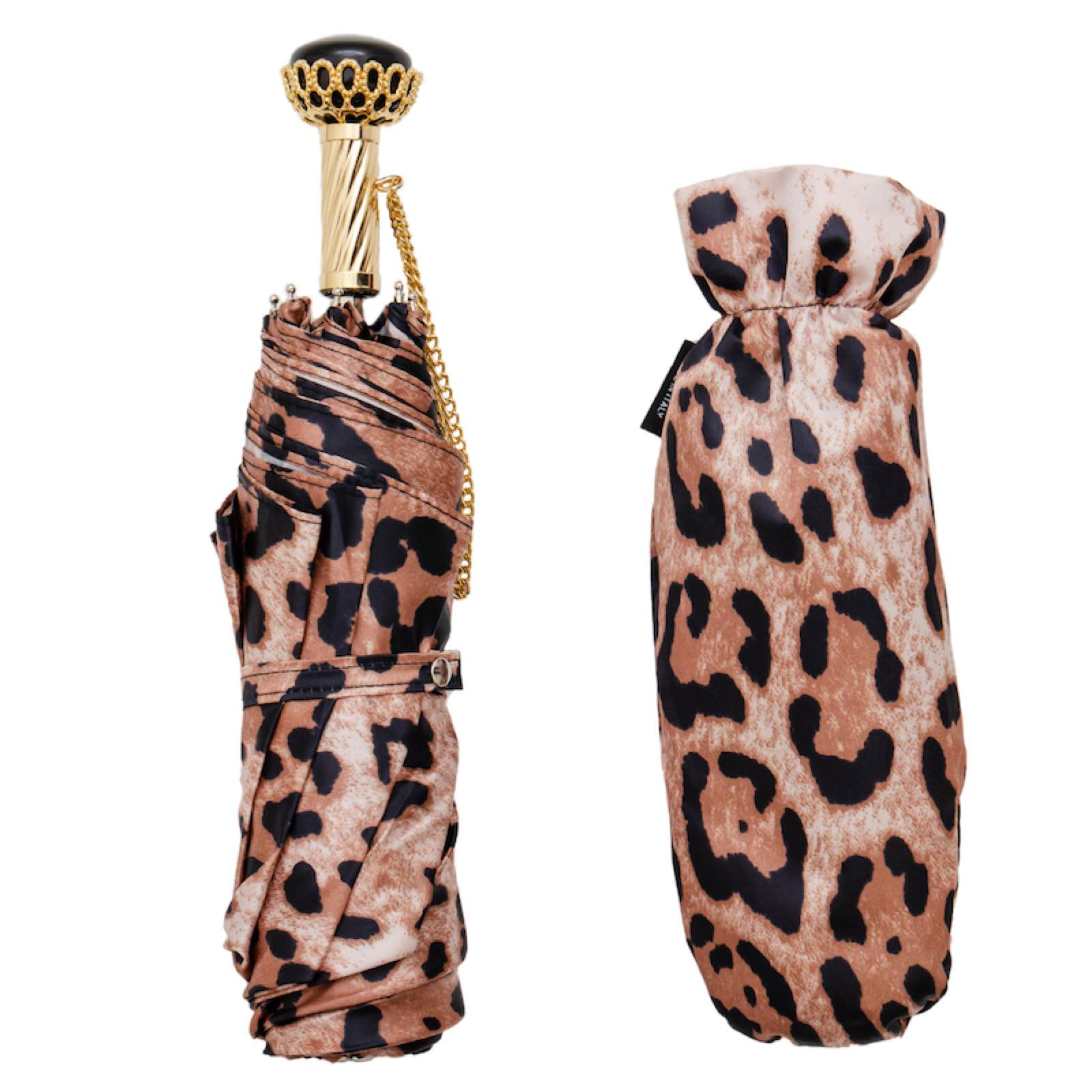 Folding Umbrella – Jeweled Brass Handle, Animal Print Compact Rain Protection
