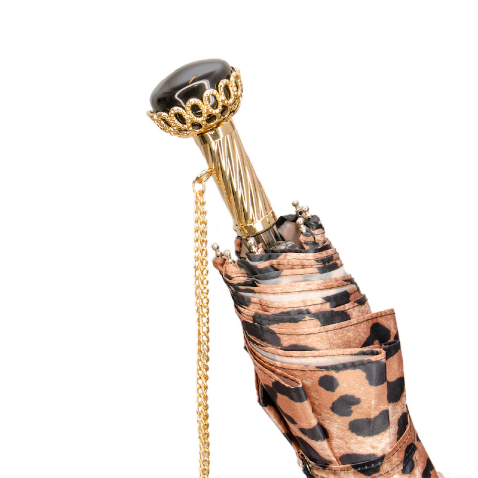 Folding Umbrella – Jeweled Brass Handle, Animal Print Compact Rain Protection