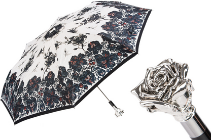 Silver Rose Umbrella – Handmade Italian Folding Rain Umbrella With Silver Plated Handle