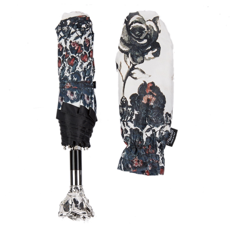 Silver Rose Umbrella – Handmade Italian Folding Rain Umbrella With Silver Plated Handle