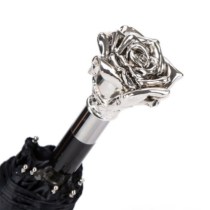 Silver Rose Umbrella – Handmade Italian Folding Rain Umbrella With Silver Plated Handle