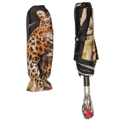Leopard Folding Umbrella – Handmade Italian Luxury with Crystal Handle & Red Gem