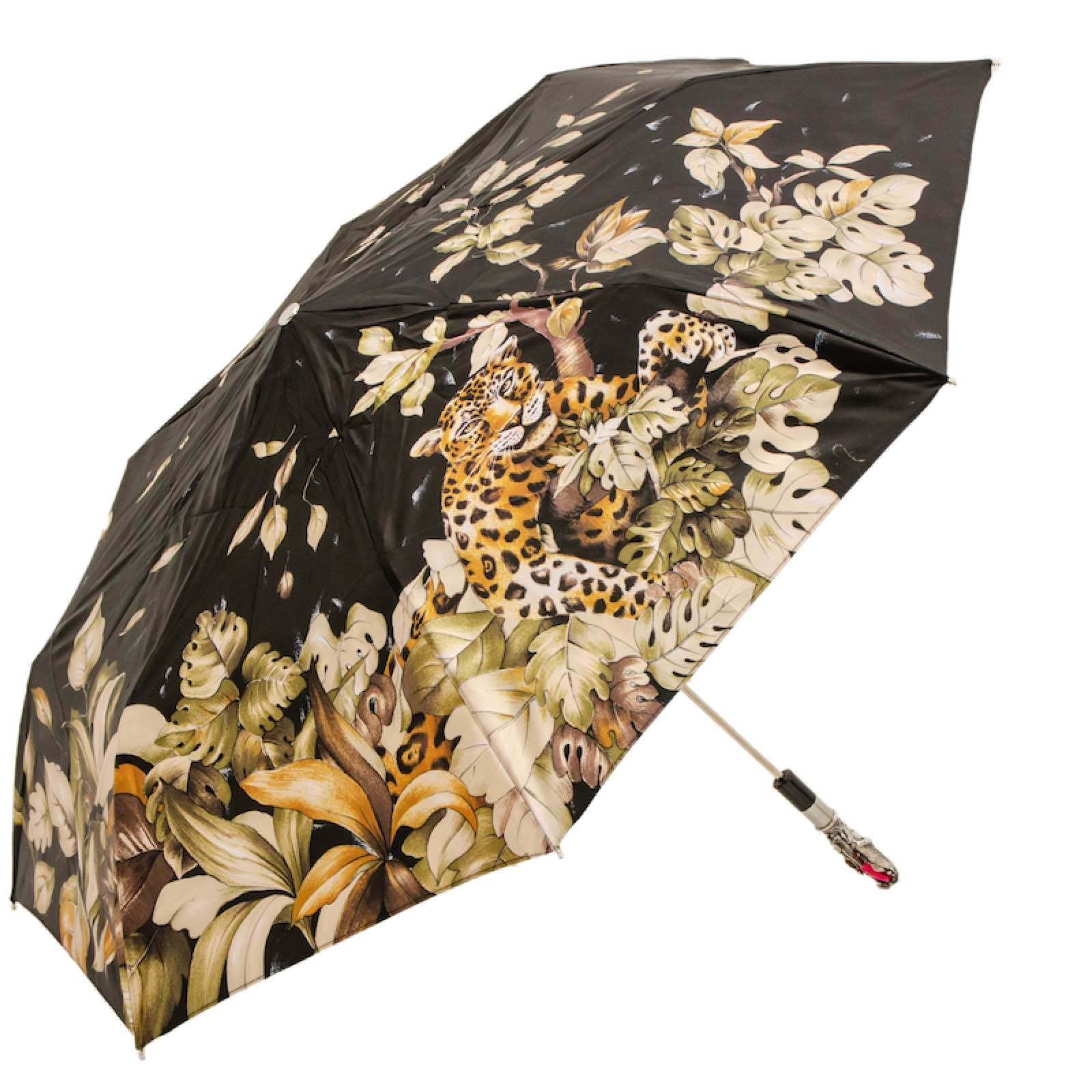 Leopard Folding Umbrella – Handmade Italian Luxury with Crystal Handle & Red Gem