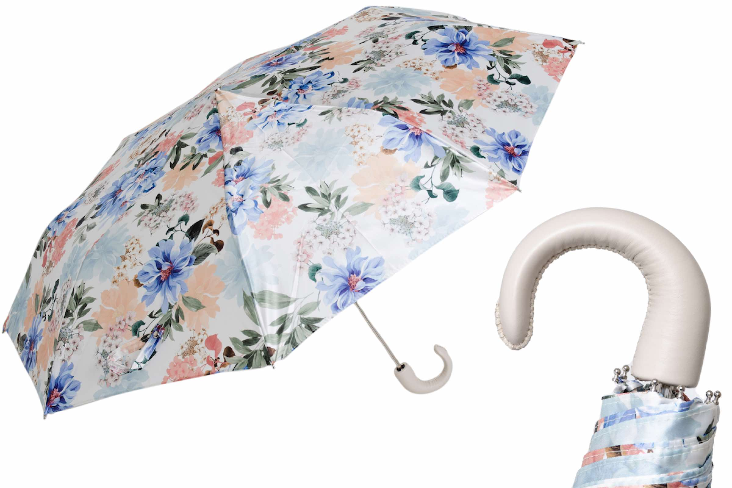 Leather Handle Umbrella – Floral Folding Manual Opening Compact Rain Protection