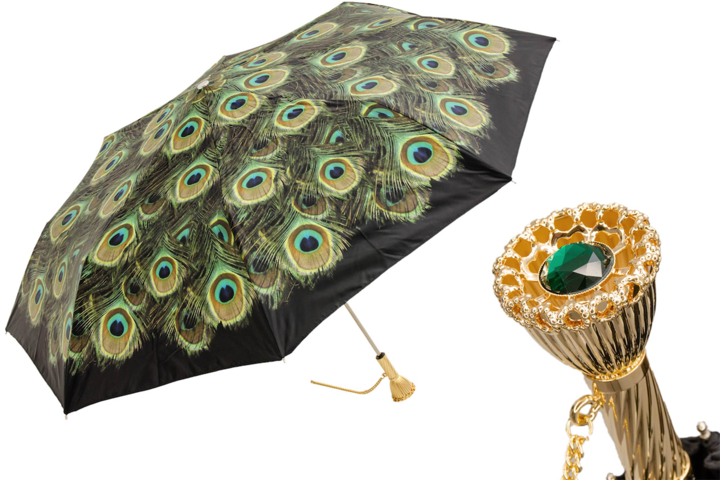Peacock Folding Umbrella - Handmade Italian Brass Handle, Manual Opening