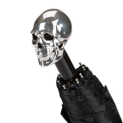 Silver Skull Umbrella – Handmade Italian Folding Rain Umbrella with Durable Polyester Canopy