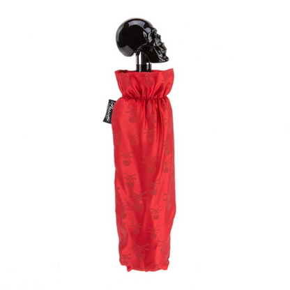 Red Folding Umbrella – Handmade Italian Skull Handle, Durable Polyester Canopy