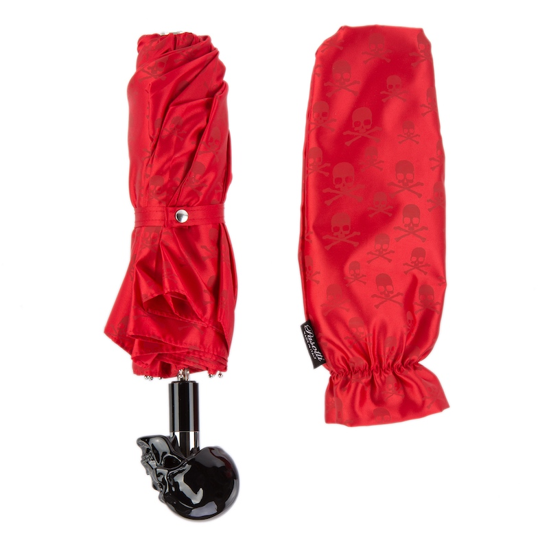 Red Folding Umbrella – Handmade Italian Skull Handle, Durable Polyester Canopy