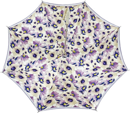 Sparkling lilac umbrella featuring anemone design, handcrafted by Ilmarchesato, showcasing vibrant colors and elegant patterns.