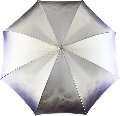 Sparkling lilac umbrella featuring anemone floral design, premium handmade rain umbrella by Ilmarchesato.