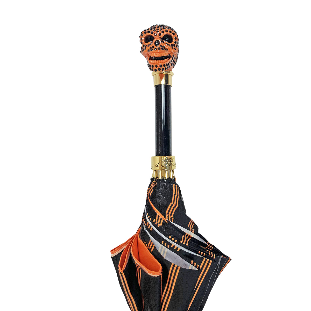 Luxury Ilmarchesato umbrella featuring a unique skull design adorned with jet crystals, ideal for men.