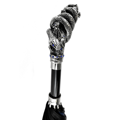 Double Canopy Umbrella – Luxury Men's Rain Umbrella with Silver Snake Handle & Sapphire Crystals