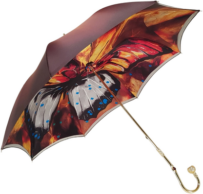 Colorful butterfly double canopy luxury rain umbrella for women by Ilmarchesato, open to showcase vibrant butterfly pattern.