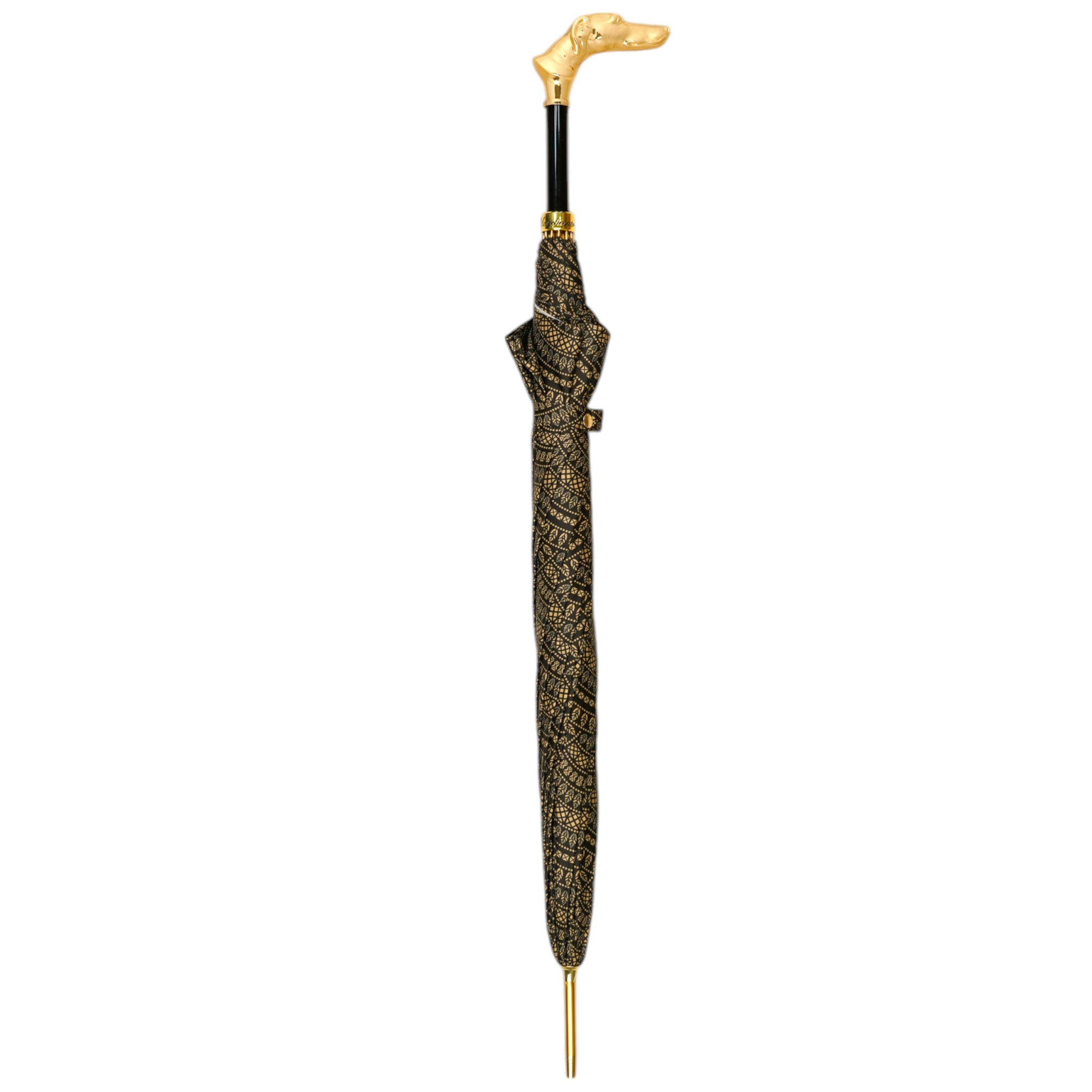 Ilmarchesato men's umbrella with decorated canopy and gold-plated greyhound handle, stylish and elegant rain protection accessory.