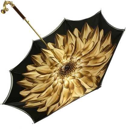 Gold-toned double-canopy umbrella with tiger eye handle and dahlia design by Ilmarchesato, showcasing elegant craftsmanship.