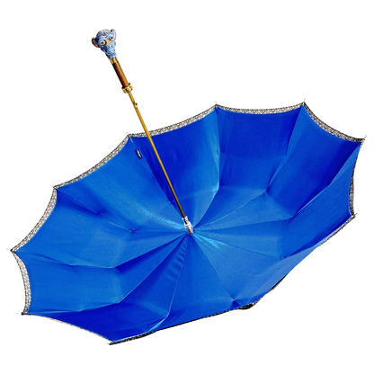 Italian handmade men's umbrella with 24K gold-plated enameled monkey handle, featuring elegant craftsmanship and vibrant detailing.