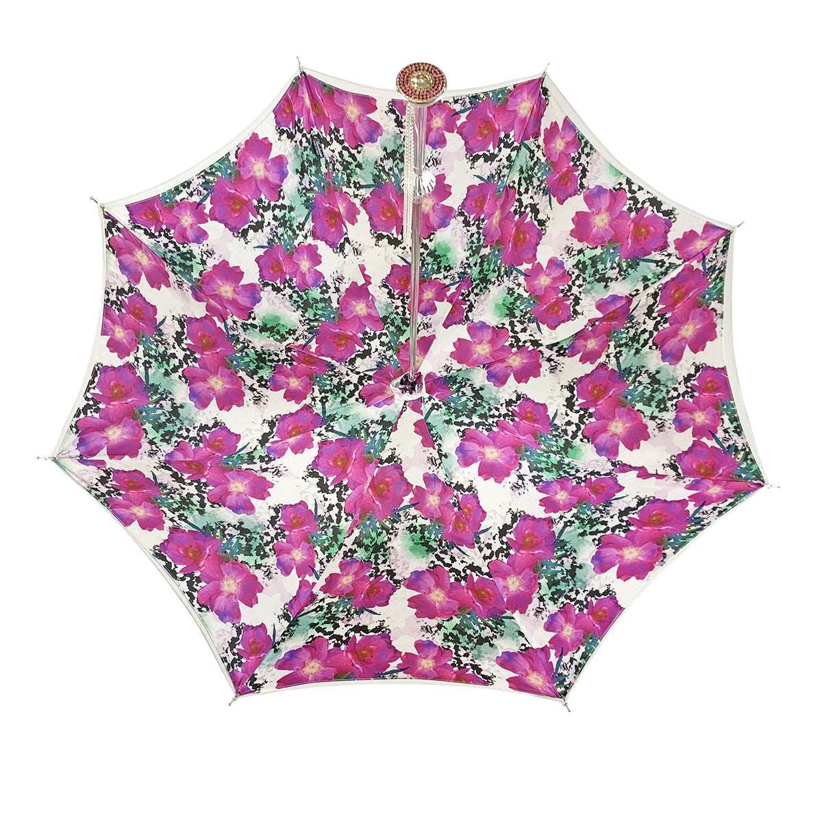 Exclusive Ilmarchesato silvered umbrella adorned with anemones and fuchsia crystals, showcasing intricate floral design.