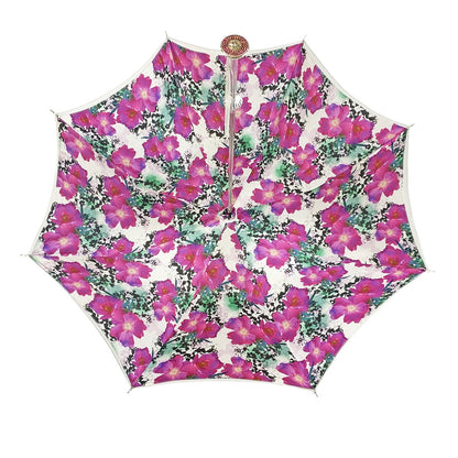 Exclusive Ilmarchesato silvered umbrella adorned with anemones and fuchsia crystals, showcasing intricate floral design.
