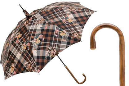 Tartan Floral Parasol – Designer Umbrella With Wood Handle & Floral Pattern