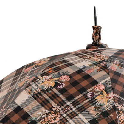 Tartan Floral Parasol – Designer Umbrella With Wood Handle & Floral Pattern