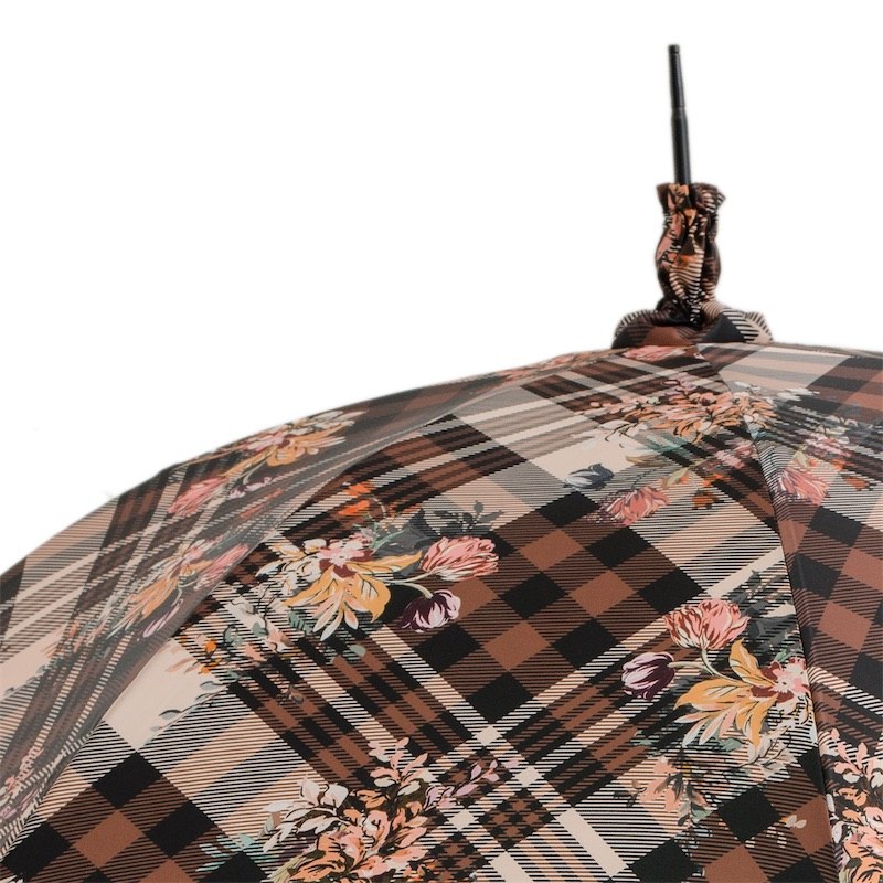 Tartan Floral Parasol – Designer Umbrella With Wood Handle & Floral Pattern