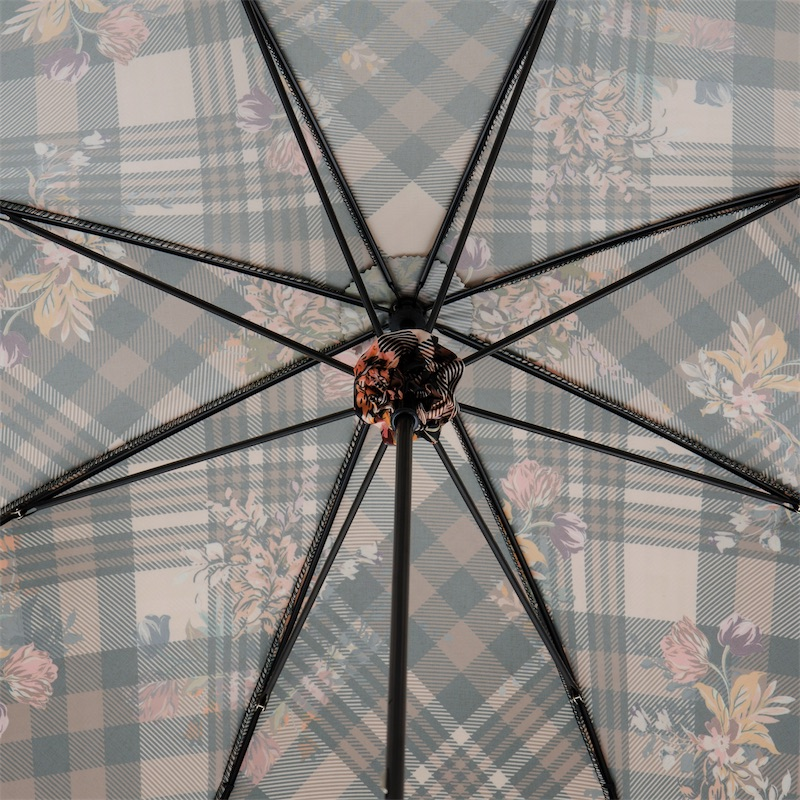 Tartan Floral Parasol – Designer Umbrella With Wood Handle & Floral Pattern