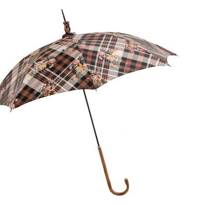 Tartan Floral Parasol – Designer Umbrella With Wood Handle & Floral Pattern