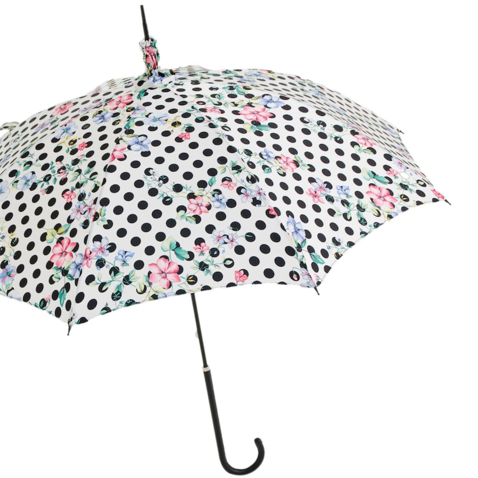 Vintage Polka Dot Parasol – Romantic Floral Trim Umbrella with Leather Handle