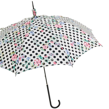 Vintage Polka Dot Parasol – Romantic Floral Trim Umbrella with Leather Handle