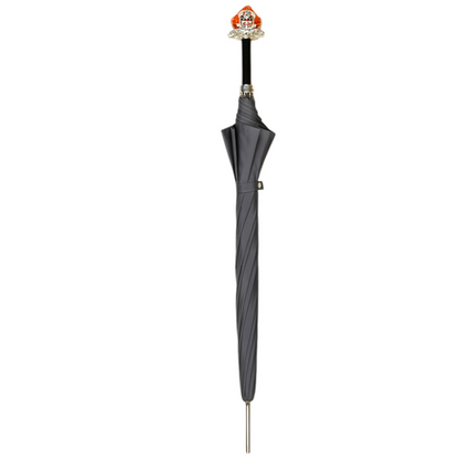 Grey men's umbrella with a hand-painted clown handle, crafted by Ilmarchesato, showcasing Italian craftsmanship and unique design.
