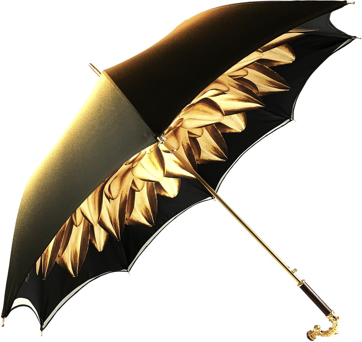 Gold-toned double-canopy umbrella with tiger eye handle and dahlia design, by Ilmarchesato, opened against a neutral background.