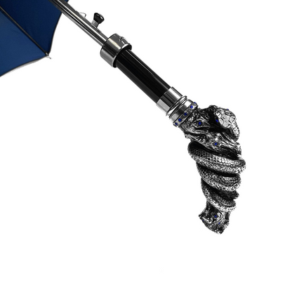 Double Canopy Umbrella – Luxury Men's Rain Umbrella with Silver Snake Handle & Sapphire Crystals