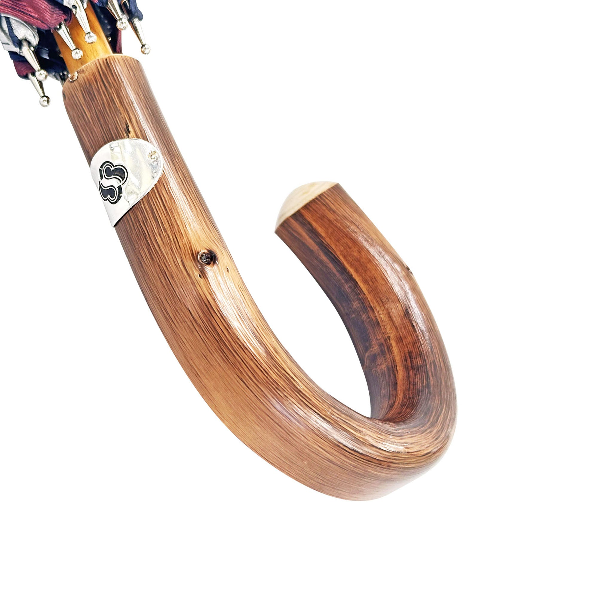 Men's Double Canopy Umbrella – Grey Rain Umbrella With Striped Interior & Chestnut Wood Handle