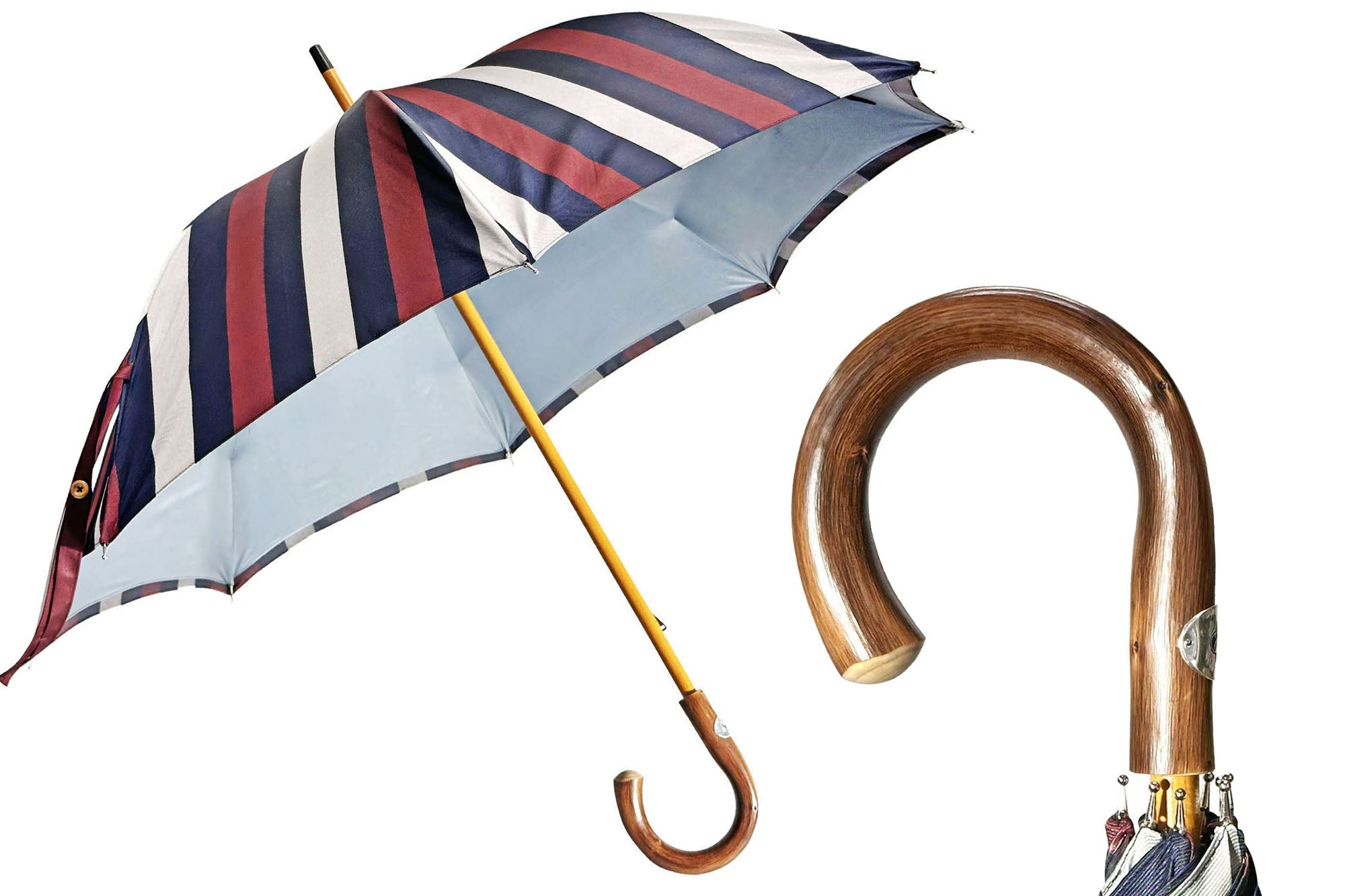 Men's Double Canopy Umbrella – Grey Rain Umbrella With Striped Interior & Chestnut Wood Handle