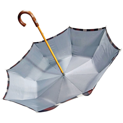 Grey Striped Umbrella – Double Canopy, Handcrafted Chestnut Handle, Italian Made