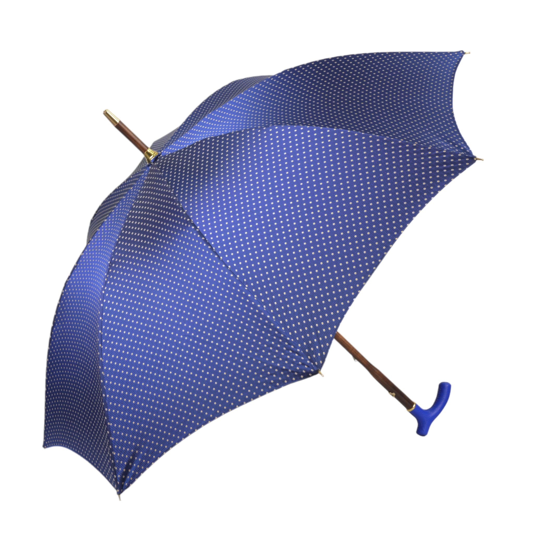 Designer Umbrella – Blue Leather Handle, Flamed Beech Wood Shaft, Luxury Rain Gear
