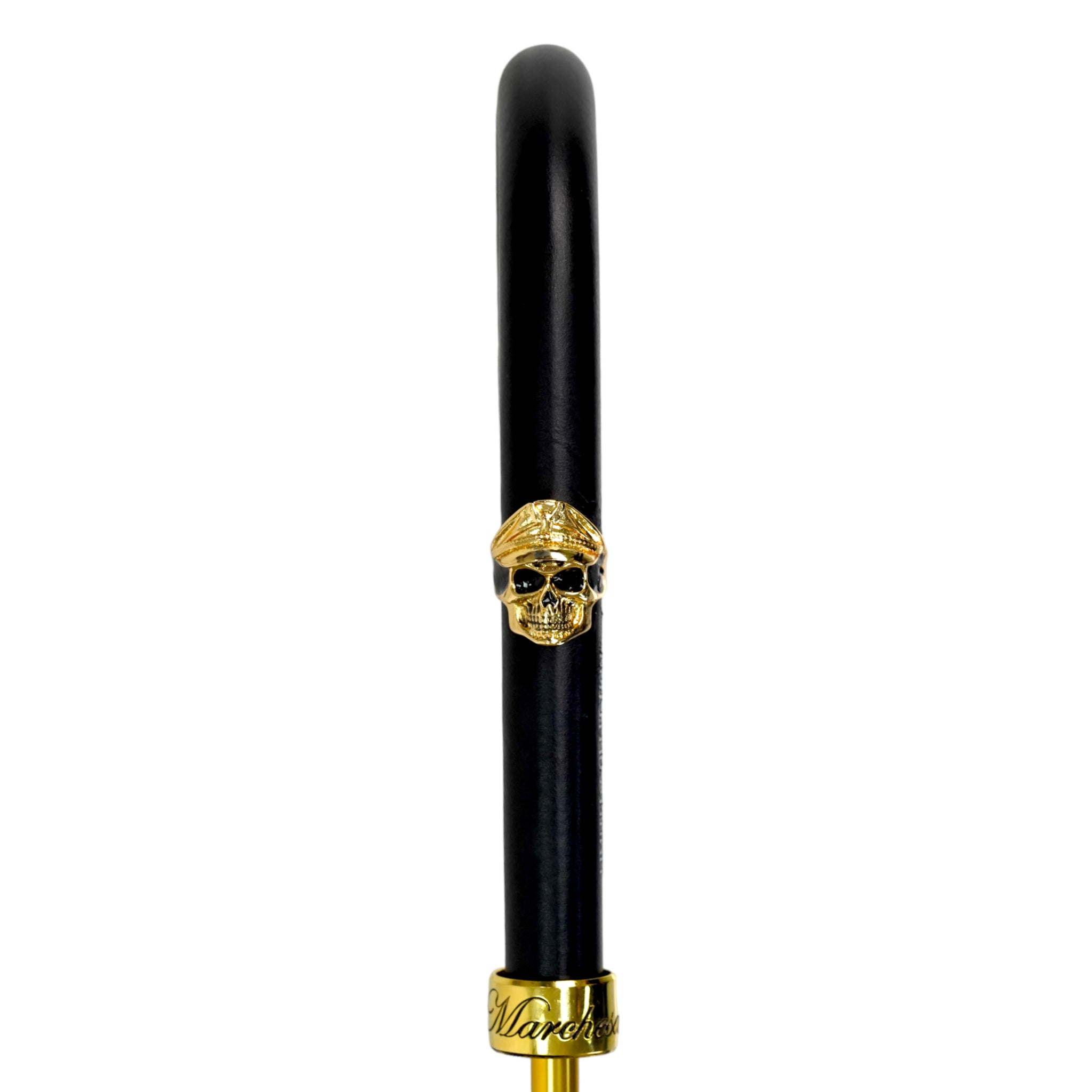 Luxury Black Gold Umbrella – Italian Handmade Leather Handle With Skull Detail