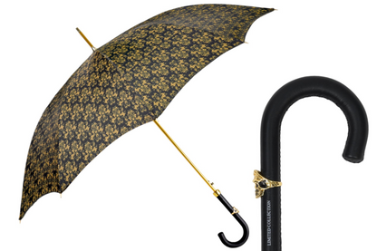Luxury Black Gold Umbrella – Italian Handmade Leather Handle With Skull Detail