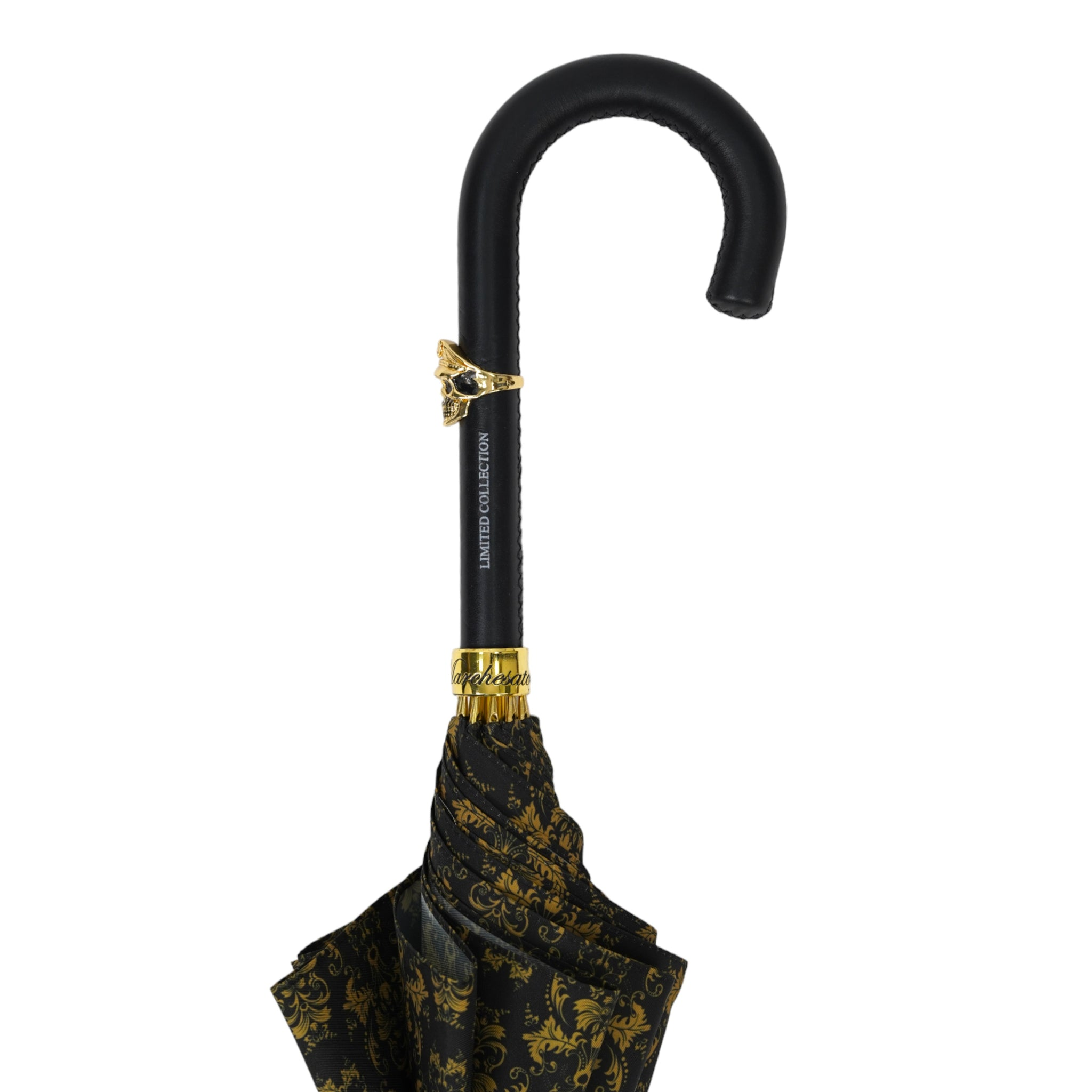 Luxury Black Gold Umbrella – Italian Handmade Leather Handle With Skull Detail