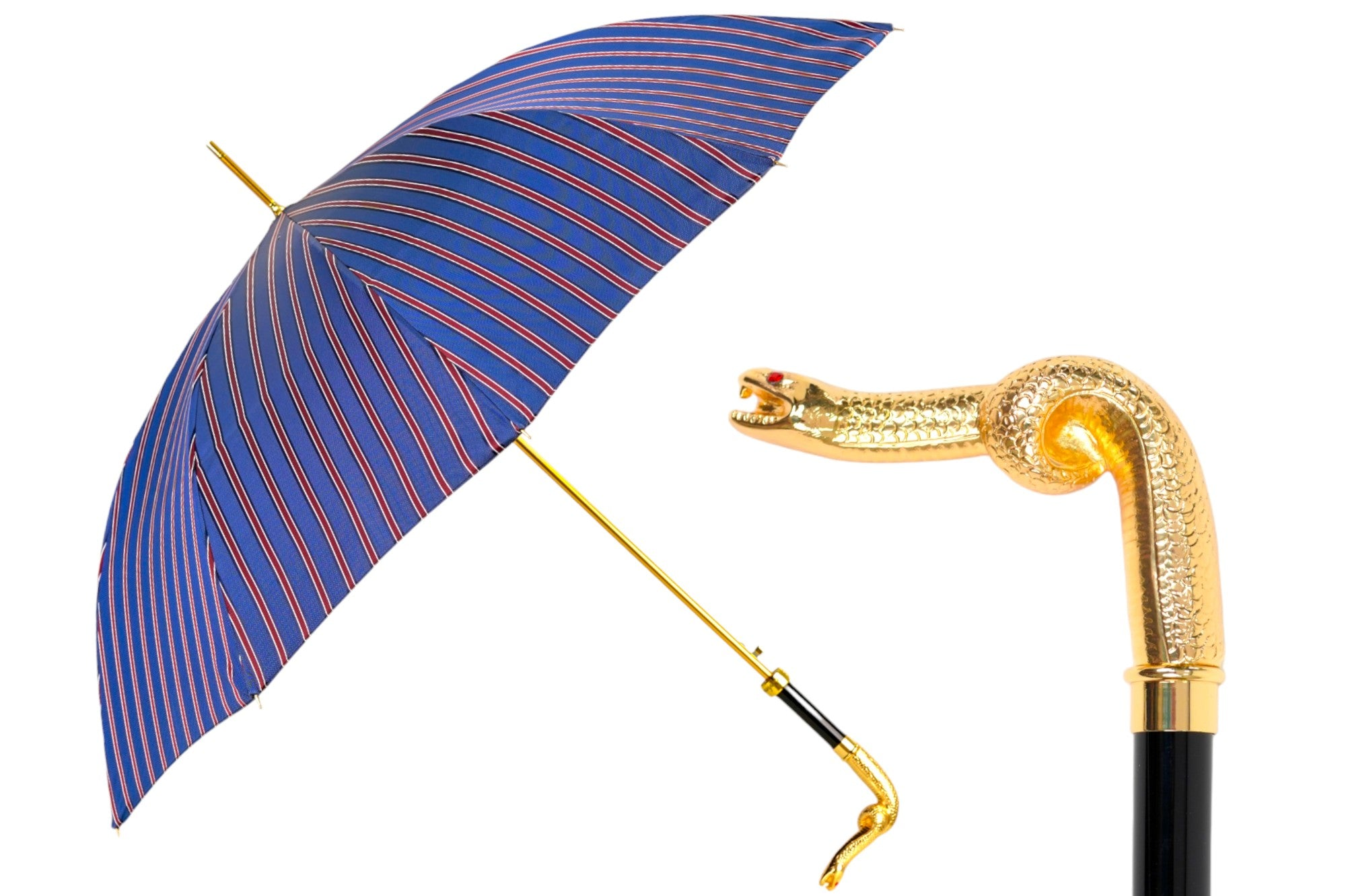 Luxury Men's Umbrella – Blue & Bordeaux Striped with Gold Snake Handle, Automatic Open