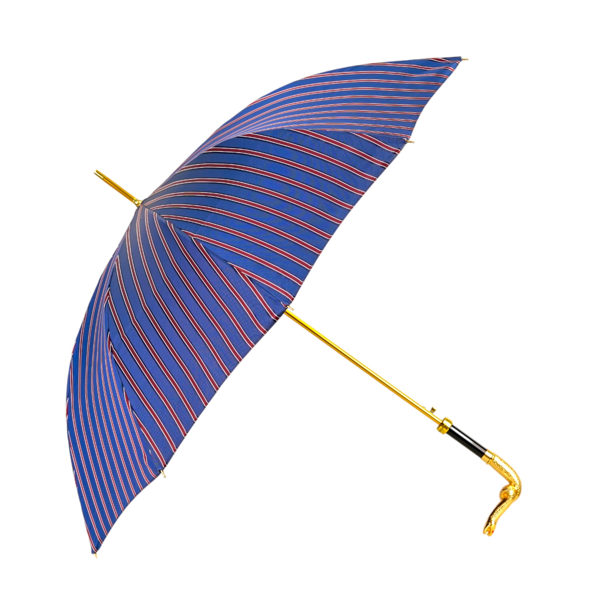 Luxury Men's Umbrella – Blue & Bordeaux Striped with Gold Snake Handle, Automatic Open