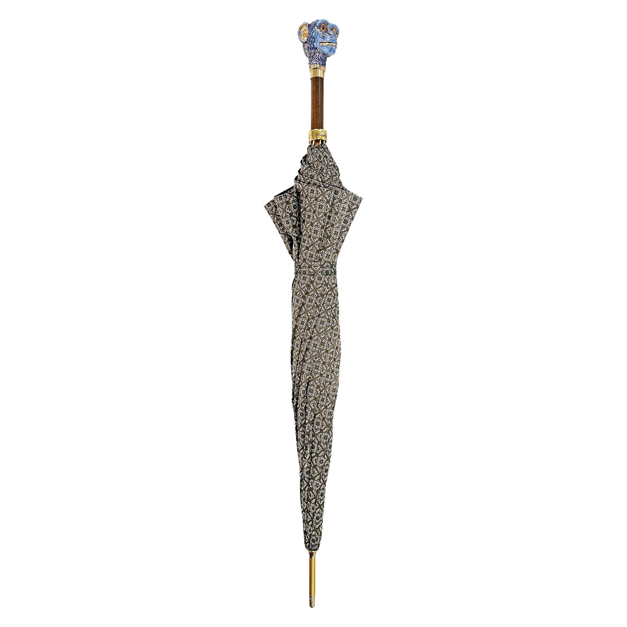 Italian handmade men's umbrella with a 24K gold-plated enameled monkey handle, showcasing elegant craftsmanship and detailed design.
