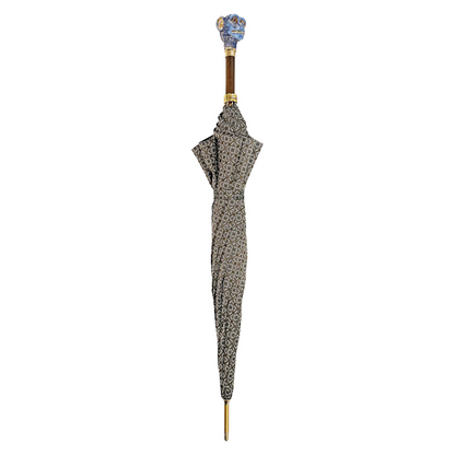 Italian handmade men's umbrella with a 24K gold-plated enameled monkey handle, showcasing elegant craftsmanship and detailed design.