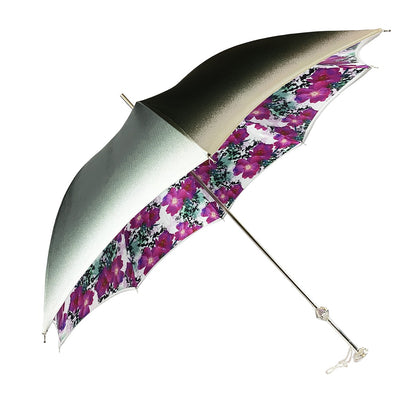 Exclusive Ilmarchesato silvered umbrella featuring anemones and fuchsia crystals against a neutral background.