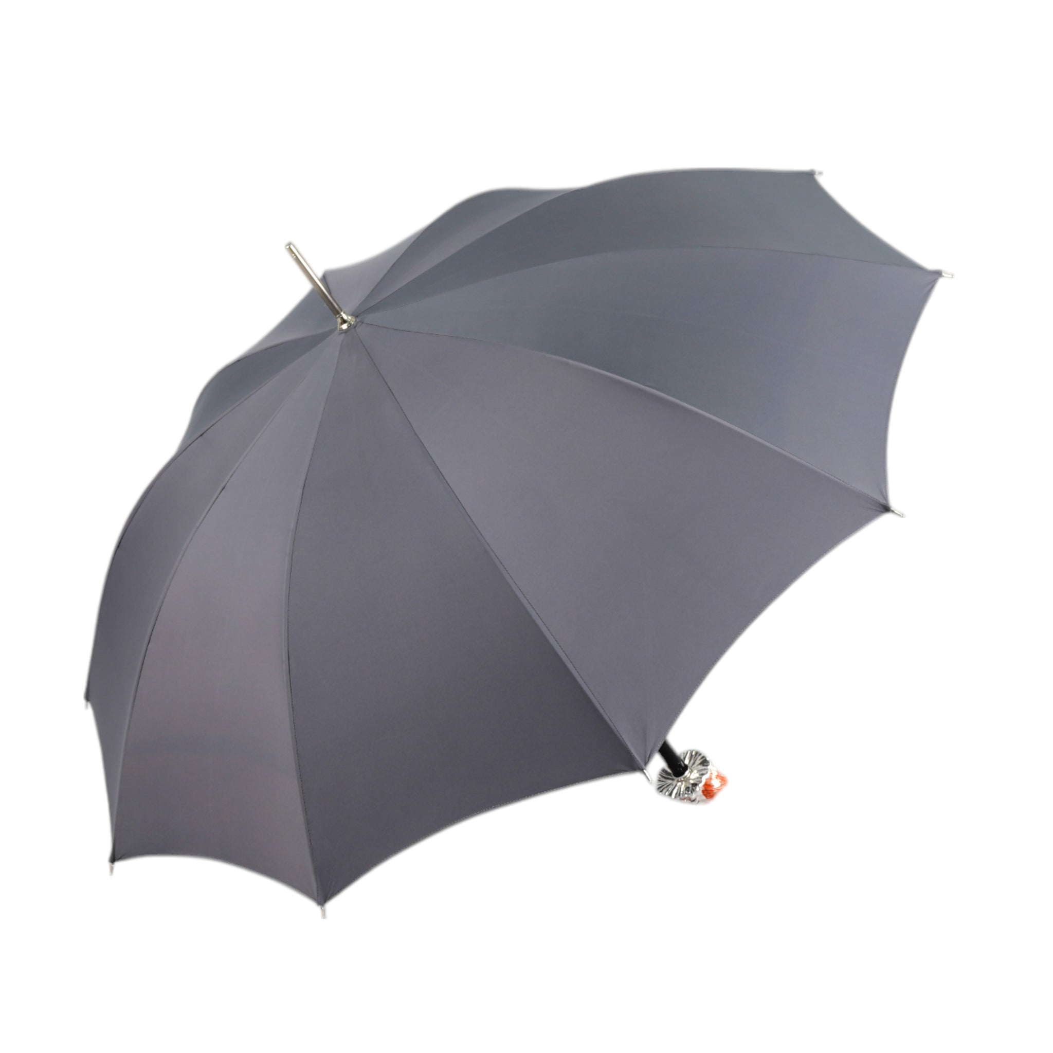 Grey men's umbrella with a hand-painted clown handle, crafted in Italy by Ilmarchesato.