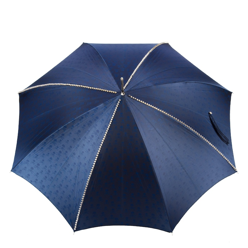 Handmade Navy Umbrella – Luxury Studded Canopy with Silver Skull Handle