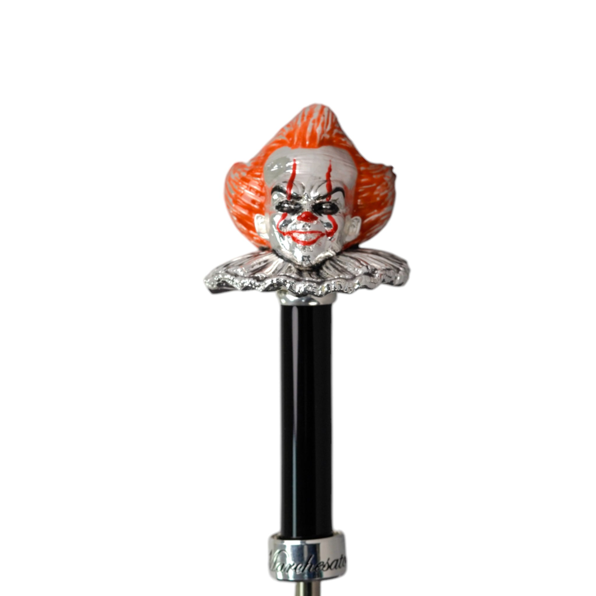 Grey men's umbrella featuring a hand-painted clown handle, crafted by Ilmarchesato with Italian craftsmanship.