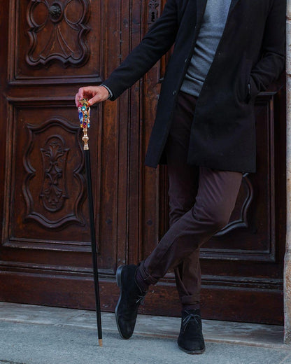 24K Gold Walking Cane – Handmade Italian Luxury Cane with Crystal Handle & Black Beech Wood